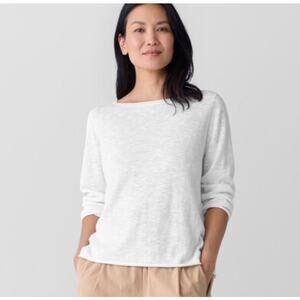 NWT Eileen Fisher Organic Cotton White Long Sleeve Bateau Neck Top Sz Small